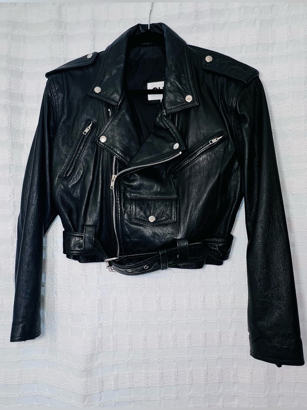 Classic Black Leather Biker Jacket with Belted Waist Vintage